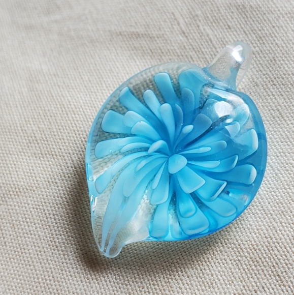 Clear and Blue Art Glass Flower Pendant - Picture 2 of 7